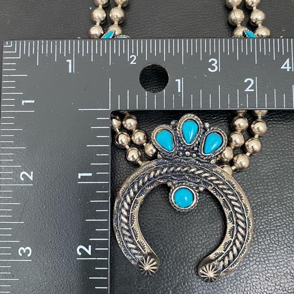 Vintage Faux Turquoise Silver-tone Ball Chain Squash Blossom Boho Necklace - Picture 7 of 12